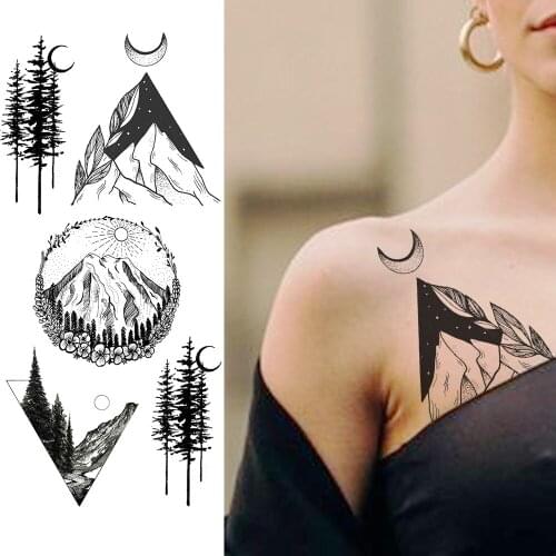 Mountain Temporary Tattoos For Men Boys Women Sea Wave Body Art Arm Legs Water Transfer Fake Moon PlanetTattoo Forest Sticker