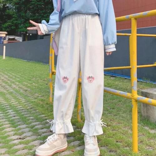 Japanese Cute Corduroy Pants Women College Style Casual Pants Female Summer Korean Loose Cartoon Embroidery Trousers