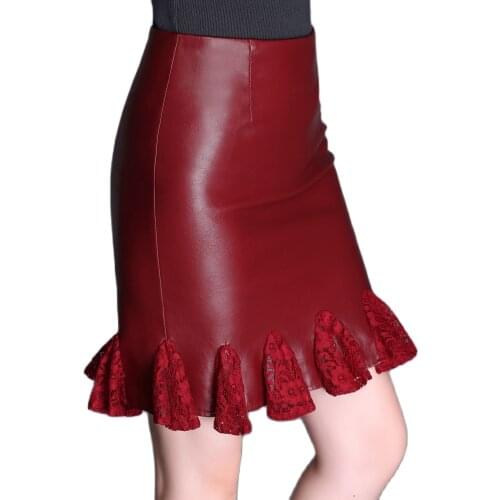 Plus Size Solid Empire Lace Splice Pu Spring Trumpet Woman Mermaid Skirts Female Oversized Leather Skirt Lady Above Knee Skirt