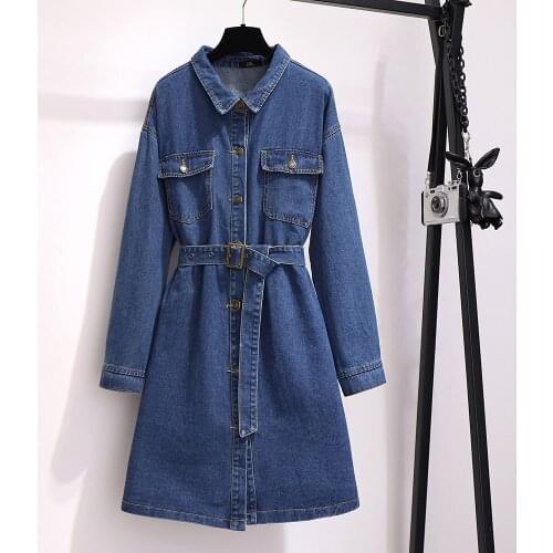 Spring Autumn Dress Long Denim Dress Long Sleeve Sashes Women Dress Single Breasted Jeans Dresses Plus Size 5Xl 6Xl Aline Dress