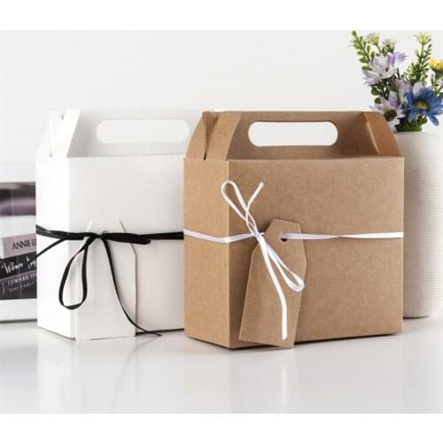 200Pcs/Lot White Brown Kraft Paper Gift Box With Handle Wedding Birthday Christmas Candy /Chocolate/Snack/Cake Package Bag