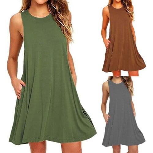2021 Women Summer Casual Dresses Women Dress Sleeveless Round Neck Cloth Simple Solid Color Midi Dress Plus Size Loose Vestidos
