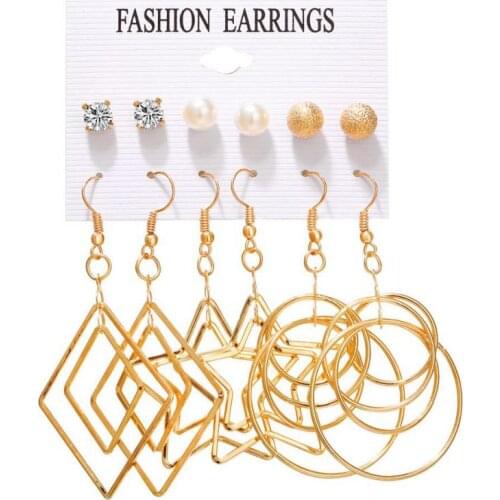 6 Pairs/set Gold Sequin Metal Geometric Drop Earring Set For Women Irregular Round Crystal Dangle Earrings Brincos Jewelry Gift