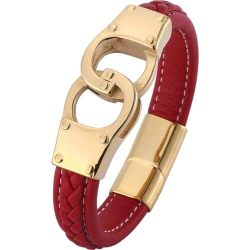 Punk Jewelry Red Leather Men Bracelet Golden Stainless Steel Handcuffs Bracelets Bangles Magnetic Buckle Male Wristband PD0746