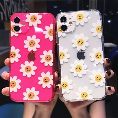 Fluorescent Color Flowers Daisy Smile Phone Case For iPhone 11 Pro Max X XS XR 7 8 Plus 12 Mini Clear Soft TPU Shockproof Cover