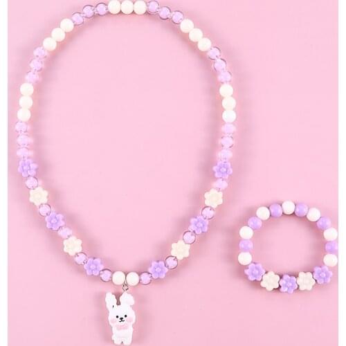 Makersland Kids Jewelry Sets for Girls Cartoon Rabbit Adjustable Bracelet Necklaces Beaded Pendant Necklace Bangle Children Gift