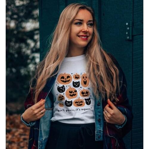 DON'T PANIC ITS ORGANIC COLORED T-Shirt Funny Women Halloween Holiday Fall Tshirt Cute Pumpkins Patch Graphic Tee Shirt Top