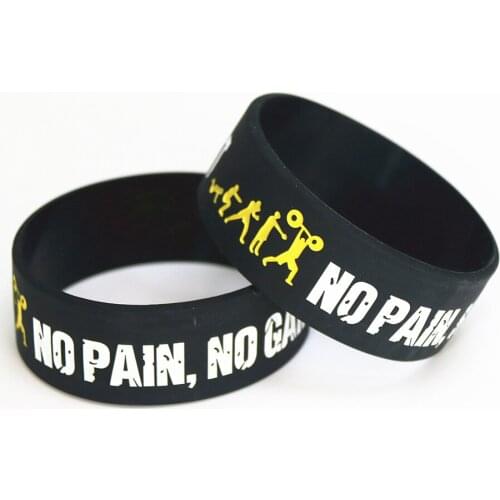 Hot Sale 25PCS Everybody Fit No Pain No Gain Silicone Wristband Wide Band Motto Rubber Bracelets & Bangles Armband Gift SH078