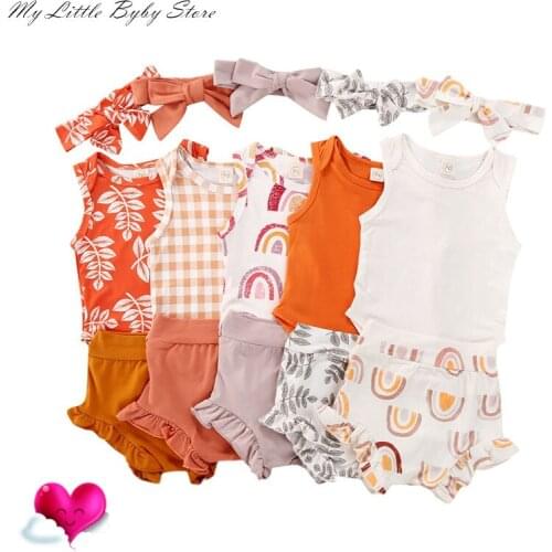 Summer Baby Clothing Infant Baby Girl Boy Clothes Sleeveless Ruffled Romper Tops High Waist Shorts Headband outfits sets