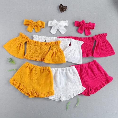 3Pcs Summer New Infant Kids Baby Girls Outfits Little Girls Off Shoulder Flare Sleeves Tops+Ruffle Shorts+Headband Toddler Suit