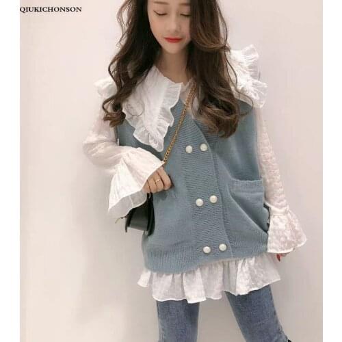 Korean Spring Autumn Long Sleeve White Shirts Women Flare Sleeve Kawaii Big Peter pan Collar Ruffle Blouse Knitted Vest Sets