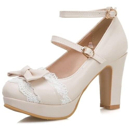 Summer 2021 Ladies Heels Platform Cute Bow Lace Princess Mary Jane Lolita Shoes Party High Heel Buckle Women Pumps Girls Sweet 8
