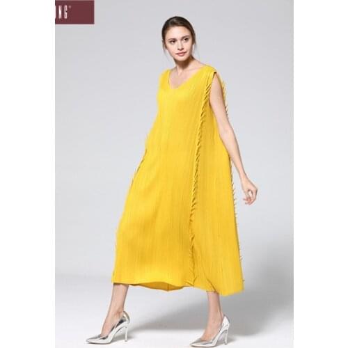 HOT SELLING Miyake Fold solid v-neck sleeveless elegant tassel A-Line dress IN STOCK