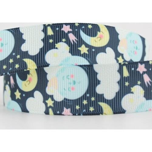 Cute Navy 7/8" Cartoon moon star printed grosgrain ribbon 22mm 10 yards DIY baby bows band sewing fabric ribbons