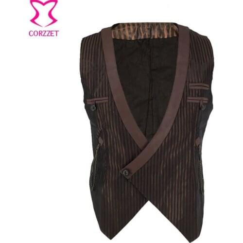 Brown Striped Satin Deep V Neck Sleeveless Vintage Steampunk Costume Men Cosplay Victorian Coat Medieval Jacket Gothic Vest Mens