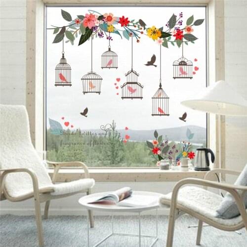 Birds Cage Flowers Branch Wall Stickers Living-room Bedroom Decoration Pastoral Mural Art Diy Home Decals