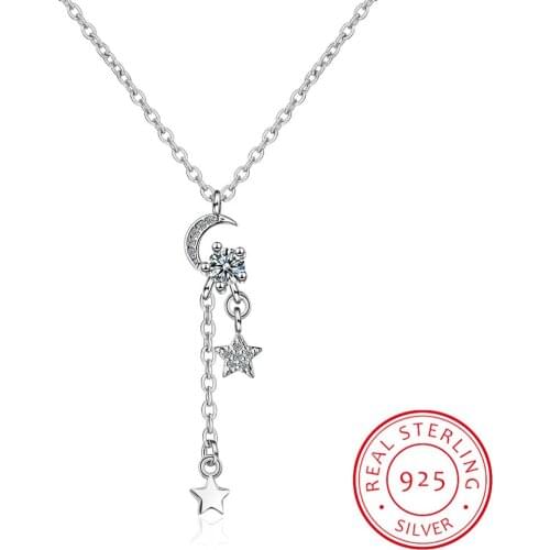 Dazzling Micro CZ Moon Star Tassels Pendant Necklace For Women 925 Sterling Silver Necklace collares Valentines Day Gift S-N239