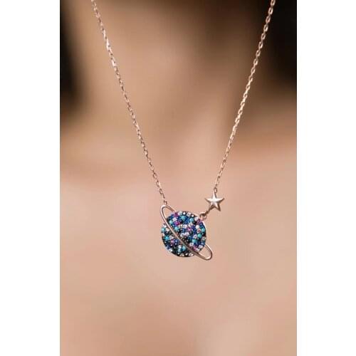 Color Stone Planet Pattern Rose Gold Plated 925 Sterling GümüşKadın Necklace