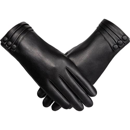 H10070 Women Black Leather Gloves Ladies Winter Outdoor Warm Plush Touch Screen Mittens Female Driving Riding Fashion Hand Muff