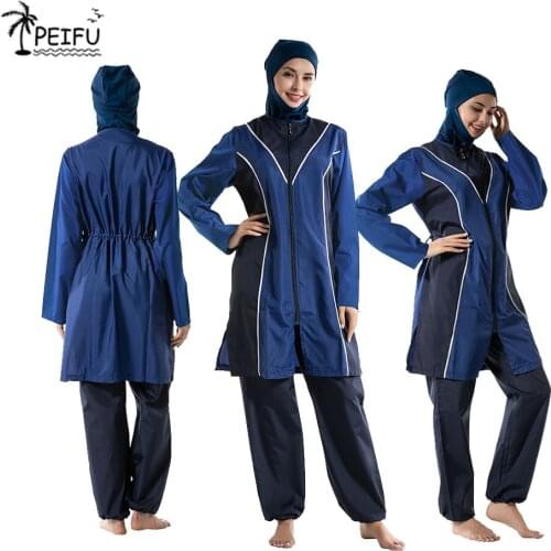 PEIFU Long Sleeve Piping Lane Full Hijab Swimwear M-3XLMuslim Hijab Islamic Swimsuit Full Cover swim Hat