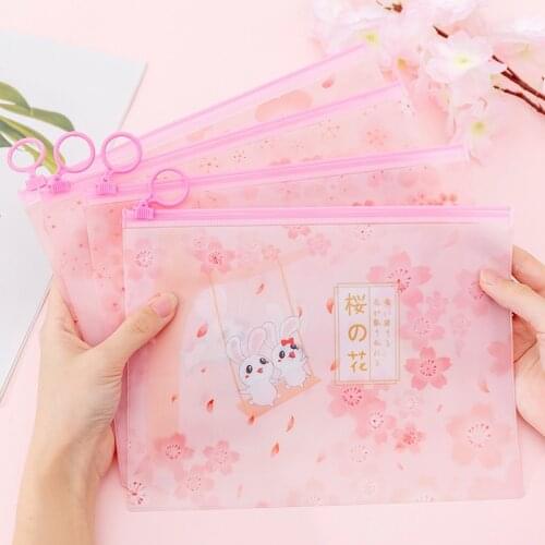 Cute cherry blossom transparent pencil case cosmetic bag school office supplies file bag folder stationery storage box