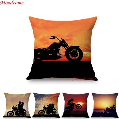 Romantic Sunset Motorcycle Biker Scene Loving Couple Home Decoration Sofa Throw Pillow Cover Cotton Linen Artistic Cushion Cover