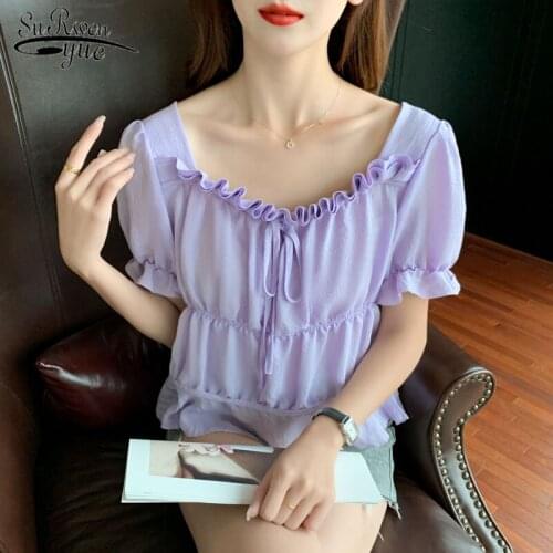 Chiffon V-neck Short-sleeve Women Blouse Solid Tops Bow Petal Sleeve Casual Sweet Ladies Shirt Ruffles Collar Korean Style 14760
