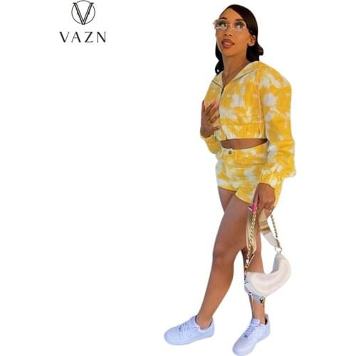 VAZN 2021 Autumn Sport Wear Nature Yellow Young Casual Tracksuits Hooded Full Sleeve Short Pants Slim Women 2 Piece Set