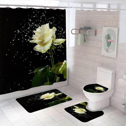 Waterproof Bathroom Shower Curtain Flower Toilet Cover Non-Slip Bath Mat Rug Carpet Set Polyester Fabric Washable Home Decor