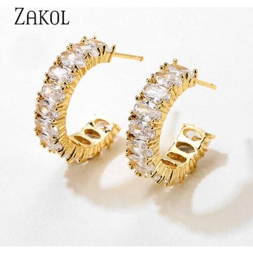 ZAKOL Trendy AAA Baguette Cubic Zirconia T Stone Hoop Earrings For Women Fashion Circle Bridal Wedding Accessories EP2486