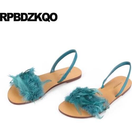 Yellow Comfortable Slingback Furry Shoes Fur Women Sandals Flat Casual Feather Turquoise Open Toe Elegant Cute Kawaii Ladies