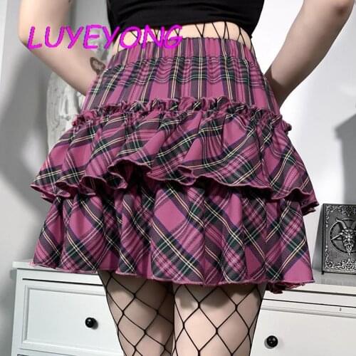 Plaid Pleated Ruffles Lolita Lady Dark Pink Midi Sexy Skirts Y2k Gothic Lady High Waist Mini Skirt Summer Korean Fashion Clothes