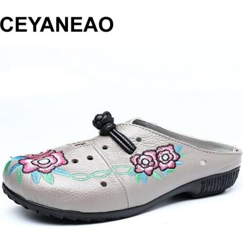 CEYANEAO2020 Summer Style Leather Flat Bottom Slippers Leather Sandals And Slippers Woman Ethnic Style Mother Shoes For Gift