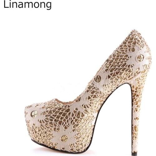 Spring High Platform Sequins Mesh Lace Wedding Pumps Ladies Pointed Toe Slip on Stilettos Bridal High Heels Party Shoes