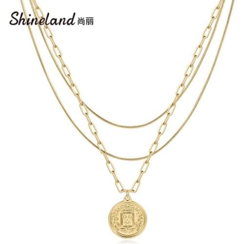 Shineland Womens Choker Jewelry Multi Layered Carved Coin Accesories For Girls Punk Bohemia Fashion Metal Bijoux Gift 2021