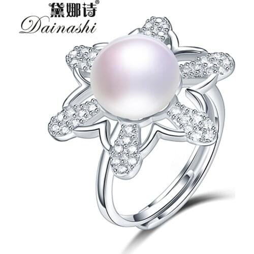 Dainashi Top Quality Freshwater Pearl Adjustable Ring Party Gift 925 Sterling Silver Hollow Flower Crystal Zircon Ring for Women