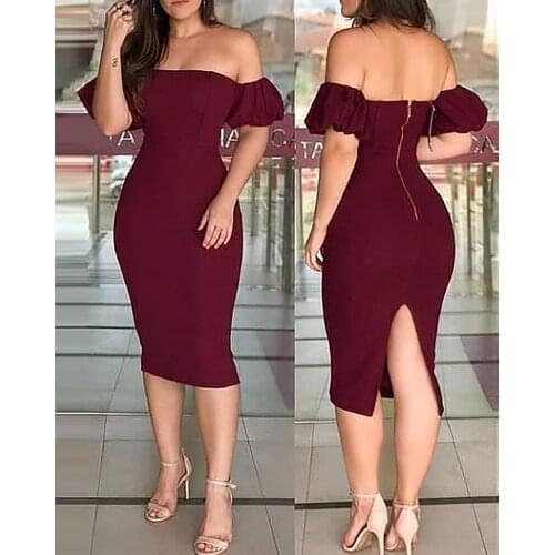 2020 Women Fashion Elegant Wine Red Sexy Party Midi Solid Off Shoulder Plain Zipper Design Back Slit Dress Short Sleeve