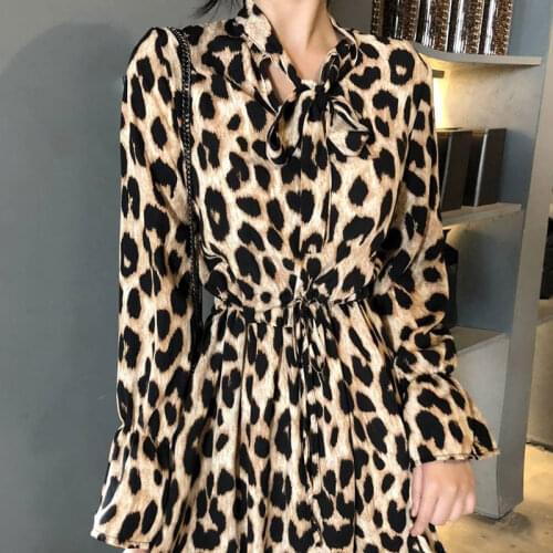 Bella Philosophy 2020 Spring Leopard Print Dress Lady A-line Long Sleeve Bow V-neck Female Elastic High Waist Slim Casual Dress