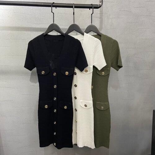 High 2021SS Summer Quality Women Luxury Short Sleeve Knitted Slim Dress 3 Color Gdnz 6.20