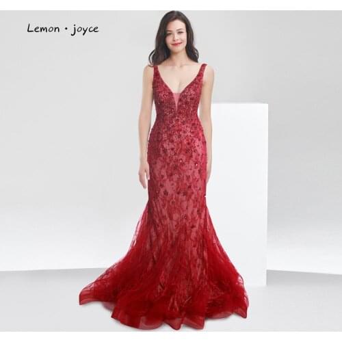 Lemon joyce Burgundy Evening Dress Long 2020 V-neck Sleeveless Sexy Backless Beads Mermaid Party Gowns Plus Size Robe De Soirre