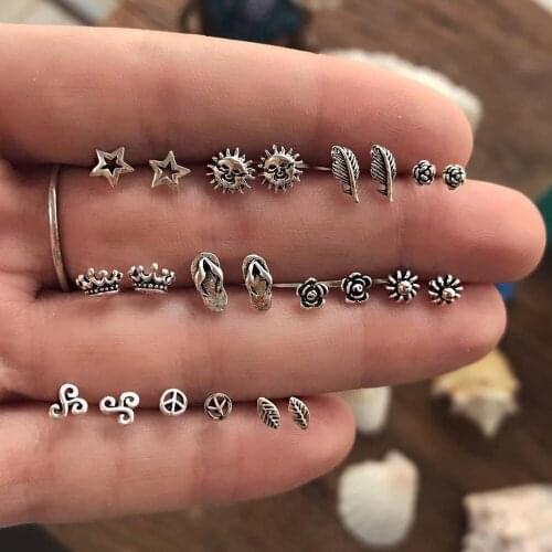 11 Pairs/Set Silver Color Stud Earrings Sets Hollow Peace Sun Crown Star Flower Leaf Earring Women Slipper Feather Ear Jewelry