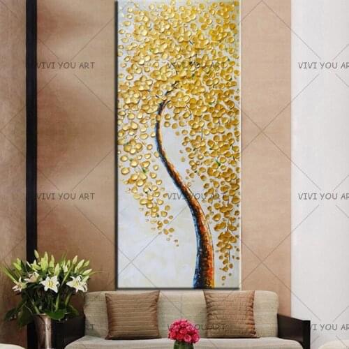 Large Hand-painted Knife Trees Oil Painting On Canvas Palette Golden Yellow Paintings Modern Abstract Wall Art Pictures as Gifts