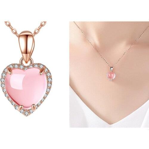 Top Quality Rose Gold Pink Heart Pendant Necklace Girl Birthday Gift Female Silver 925 Necklace Women Clavicle Accessories Lady