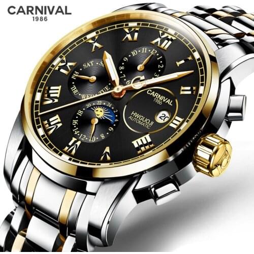 Relogio Masculino CARNIVAL Brand Watch Men Fashion Waterproof Luxury Luminous Automatic Moon Phase Week Month Date Wrist Watches