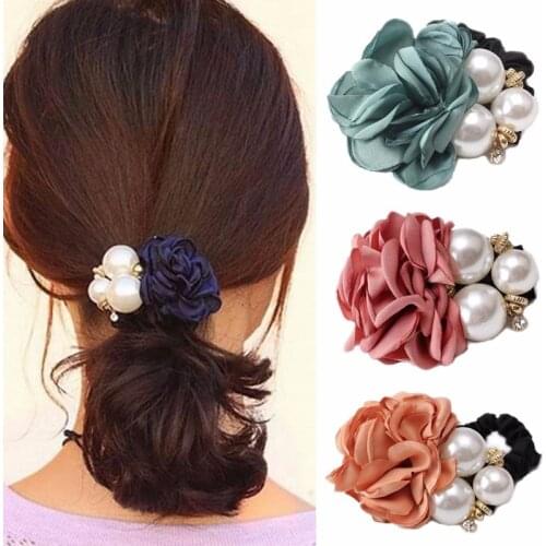 Flower Pearl Elastic Rubber Bands Women Hair Rope Ring Party Gift Handcraft Ponytail Holder Hairbands Headwear Accessories