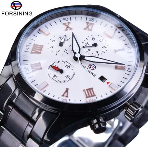 Forsining Black Steel Luminous Hands Maltifunction Navigator Series Military Wrist Watch Mens Automatic Watches Top Brand Luxury