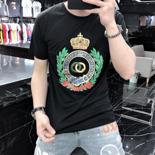 T-shirt Men Pure Cotton Crown Printing 2021 New Trend Handsome Sweater Casual Slim Short Sleeve Round Neck Tees Male Top Clothes