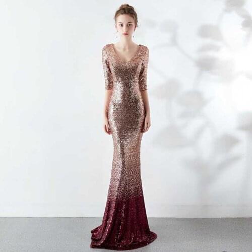 Gradient Long Cheongsam Dress Qipao V Neck Sequin Oriental Style Party Dresses Sexy Plus Size Women Clothing Qi Pao China