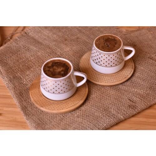 Hanzade Set of 2 / 6 Coffee Cups | Porcelain - Bamboo | Home - Kitchen | Made in Turkey | Free Shipping