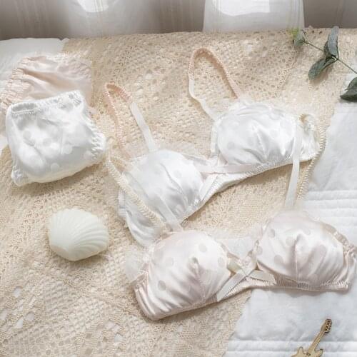 Silk lingerie without steel ring ultra-thin polka dot printing mulberry underwear bra set without sponge breathable bralette